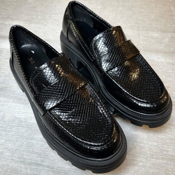 Zara Snake Faux Skin Loafers Platform Chunky Heel Black Women's Size 40 (US 9) - Picture 1 of 9